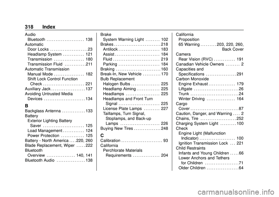 CHEVROLET SONIC 2020 Owners Manual Chevrolet Sonic Owner Manual (GMNA-Localizing-U.S./Canada-13566834) -
2020 - CRC - 10/4/19
318 Index
AudioBluetooth . . . . . . . . . . . . . . . . . . . . . 138
Automatic Door Locks . . . . . . . . . CHEVROLET SONIC 2020 Owners Manual Chevrolet Sonic Owner Manual (GMNA-Localizing-U.S./Canada-13566834) -
2020 - CRC - 10/4/19
318 Index
AudioBluetooth . . . . . . . . . . . . . . . . . . . . . 138
Automatic Door Locks . . . . . . . . .