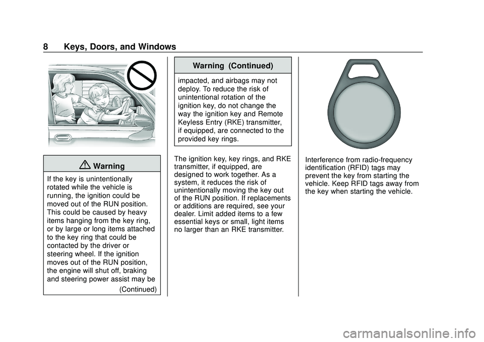 CHEVROLET SONIC 2020 Owners Manual Chevrolet Sonic Owner Manual (GMNA-Localizing-U.S./Canada-13566834) -
2020 - CRC - 10/4/19
8 Keys, Doors, and Windows
{Warning
If the key is unintentionally
rotated while the vehicle is
running, the i CHEVROLET SONIC 2020 Owners Manual Chevrolet Sonic Owner Manual (GMNA-Localizing-U.S./Canada-13566834) -
2020 - CRC - 10/4/19
8 Keys, Doors, and Windows
{Warning
If the key is unintentionally
rotated while the vehicle is
running, the i