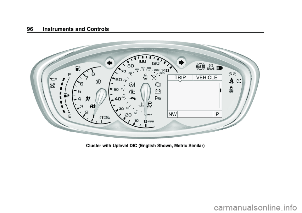CHEVROLET SONIC 2020 Owners Manual Chevrolet Sonic Owner Manual (GMNA-Localizing-U.S./Canada-13566834) -
2020 - CRC - 10/4/19
96 Instruments and Controls
Cluster with Uplevel DIC (English Shown, Metric Similar) CHEVROLET SONIC 2020 Owners Manual Chevrolet Sonic Owner Manual (GMNA-Localizing-U.S./Canada-13566834) -
2020 - CRC - 10/4/19
96 Instruments and Controls
Cluster with Uplevel DIC (English Shown, Metric Similar)