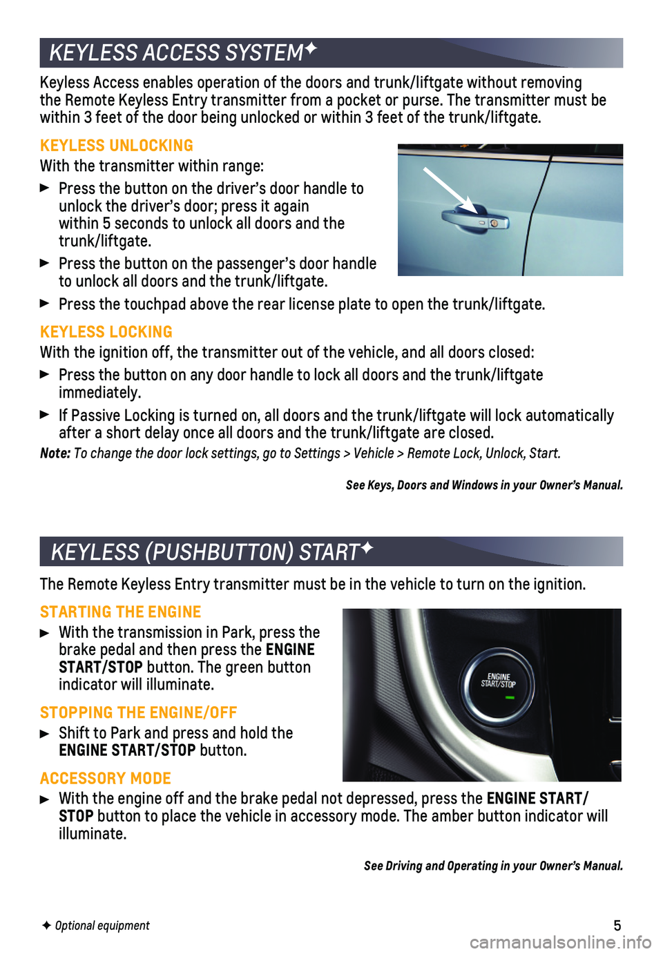 CHEVROLET SONIC 2020  Get To Know Guide 5
KEYLESS ACCESS SYSTEMF
Keyless Access enables operation of the doors and trunk/liftgate without\
 removing the Remote Keyless Entry transmitter from a pocket or purse. The transmi\
tter must be  
wi