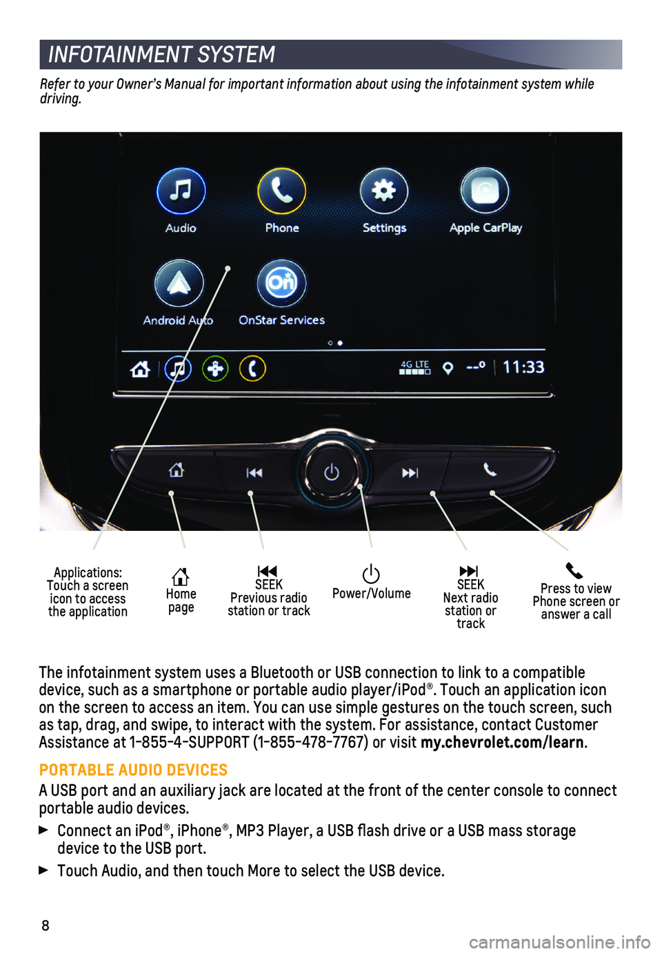 CHEVROLET SONIC 2020  Get To Know Guide 8
INFOTAINMENT SYSTEM
Refer to your Owner’s Manual for important information about using the infotainment system while driving.
The infotainment system uses a Bluetooth or USB connection to link to 