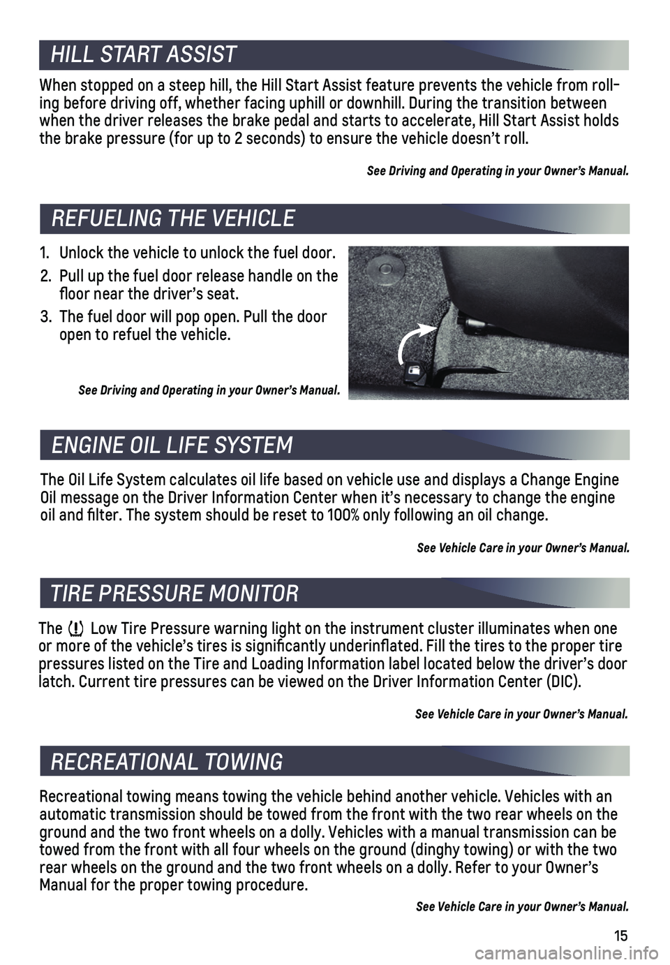 CHEVROLET SPARK 2020  Get To Know Guide 15
1. Unlock the vehicle to unlock the fuel door.
2. Pull up the fuel door release handle on the floor near the driver’s seat. 
3. The fuel door will pop open. Pull the door open to refuel the vehic