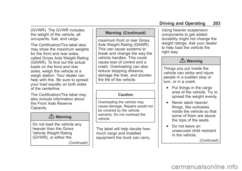 CHEVROLET SUBURBAN 2020 Owners Manual Chevrolet Tahoe/Suburban Owner Manual (GMNA-Localizing-U.S./Canada/
Mexico-13566622) - 2020 - CRC - 4/24/19
Driving and Operating 203
(GVWR). The GVWR includes
the weight of the vehicle, all
occupants CHEVROLET SUBURBAN 2020 Owners Manual Chevrolet Tahoe/Suburban Owner Manual (GMNA-Localizing-U.S./Canada/
Mexico-13566622) - 2020 - CRC - 4/24/19
Driving and Operating 203
(GVWR). The GVWR includes
the weight of the vehicle, all
occupants