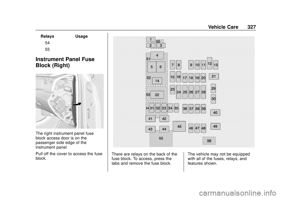 CHEVROLET SUBURBAN 2020  Owners Manual Chevrolet Tahoe/Suburban Owner Manual (GMNA-Localizing-U.S./Canada/
Mexico-13566622) - 2020 - CRC - 4/15/19
Vehicle Care 327
RelaysUsage
54 –
55 –
Instrument Panel Fuse
Block (Right)
The right ins