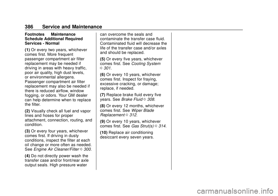 CHEVROLET SUBURBAN 2020 Owners Manual Chevrolet Tahoe/Suburban Owner Manual (GMNA-Localizing-U.S./Canada/
Mexico-13566622) - 2020 - CRC - 4/15/19
386 Service and Maintenance
Footnotes—Maintenance
Schedule Additional Required
Services - CHEVROLET SUBURBAN 2020 Owners Manual Chevrolet Tahoe/Suburban Owner Manual (GMNA-Localizing-U.S./Canada/
Mexico-13566622) - 2020 - CRC - 4/15/19
386 Service and Maintenance
Footnotes—Maintenance
Schedule Additional Required
Services -