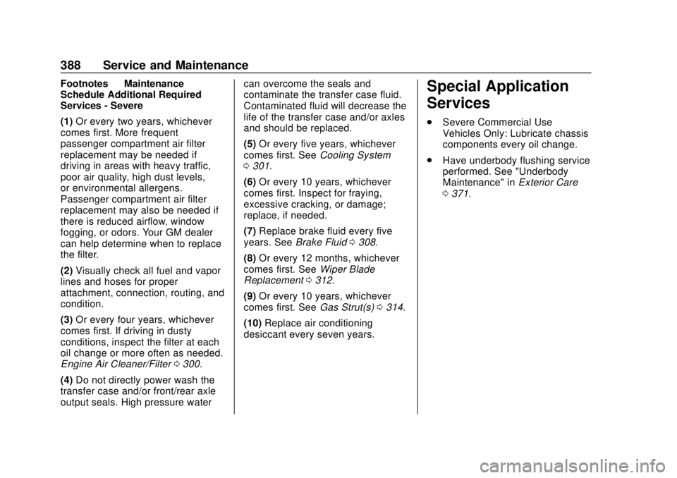 CHEVROLET SUBURBAN 2020 Owners Manual Chevrolet Tahoe/Suburban Owner Manual (GMNA-Localizing-U.S./Canada/
Mexico-13566622) - 2020 - CRC - 4/15/19
388 Service and Maintenance
Footnotes—Maintenance
Schedule Additional Required
Services - CHEVROLET SUBURBAN 2020 Owners Manual Chevrolet Tahoe/Suburban Owner Manual (GMNA-Localizing-U.S./Canada/
Mexico-13566622) - 2020 - CRC - 4/15/19
388 Service and Maintenance
Footnotes—Maintenance
Schedule Additional Required
Services -