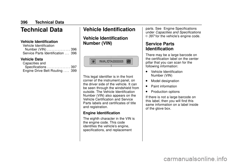 CHEVROLET SUBURBAN 2020 Owners Manual Chevrolet Tahoe/Suburban Owner Manual (GMNA-Localizing-U.S./Canada/
Mexico-13566622) - 2020 - CRC - 4/15/19
396 Technical Data
Technical Data
Vehicle Identification
Vehicle IdentificationNumber (VIN) CHEVROLET SUBURBAN 2020 Owners Manual Chevrolet Tahoe/Suburban Owner Manual (GMNA-Localizing-U.S./Canada/
Mexico-13566622) - 2020 - CRC - 4/15/19
396 Technical Data
Technical Data
Vehicle Identification
Vehicle IdentificationNumber (VIN)