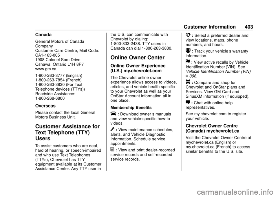 CHEVROLET SUBURBAN 2020 Owners Manual Chevrolet Tahoe/Suburban Owner Manual (GMNA-Localizing-U.S./Canada/
Mexico-13566622) - 2020 - CRC - 4/15/19
Customer Information 403
Canada
General Motors of Canada
Company
Customer Care Centre, Mail CHEVROLET SUBURBAN 2020 Owners Manual Chevrolet Tahoe/Suburban Owner Manual (GMNA-Localizing-U.S./Canada/
Mexico-13566622) - 2020 - CRC - 4/15/19
Customer Information 403
Canada
General Motors of Canada
Company
Customer Care Centre, Mail