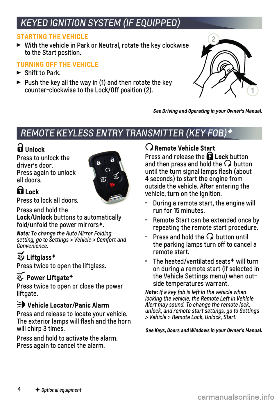 CHEVROLET SUBURBAN 2020  Get To Know Guide 4
STARTING THE VEHICLE
 With the vehicle in Park or Neutral, rotate the key clockwise to the Start position. 
TURNING OFF THE VEHICLE
 Shift to Park. 
 Push the key all the way in (1) and then rotate 