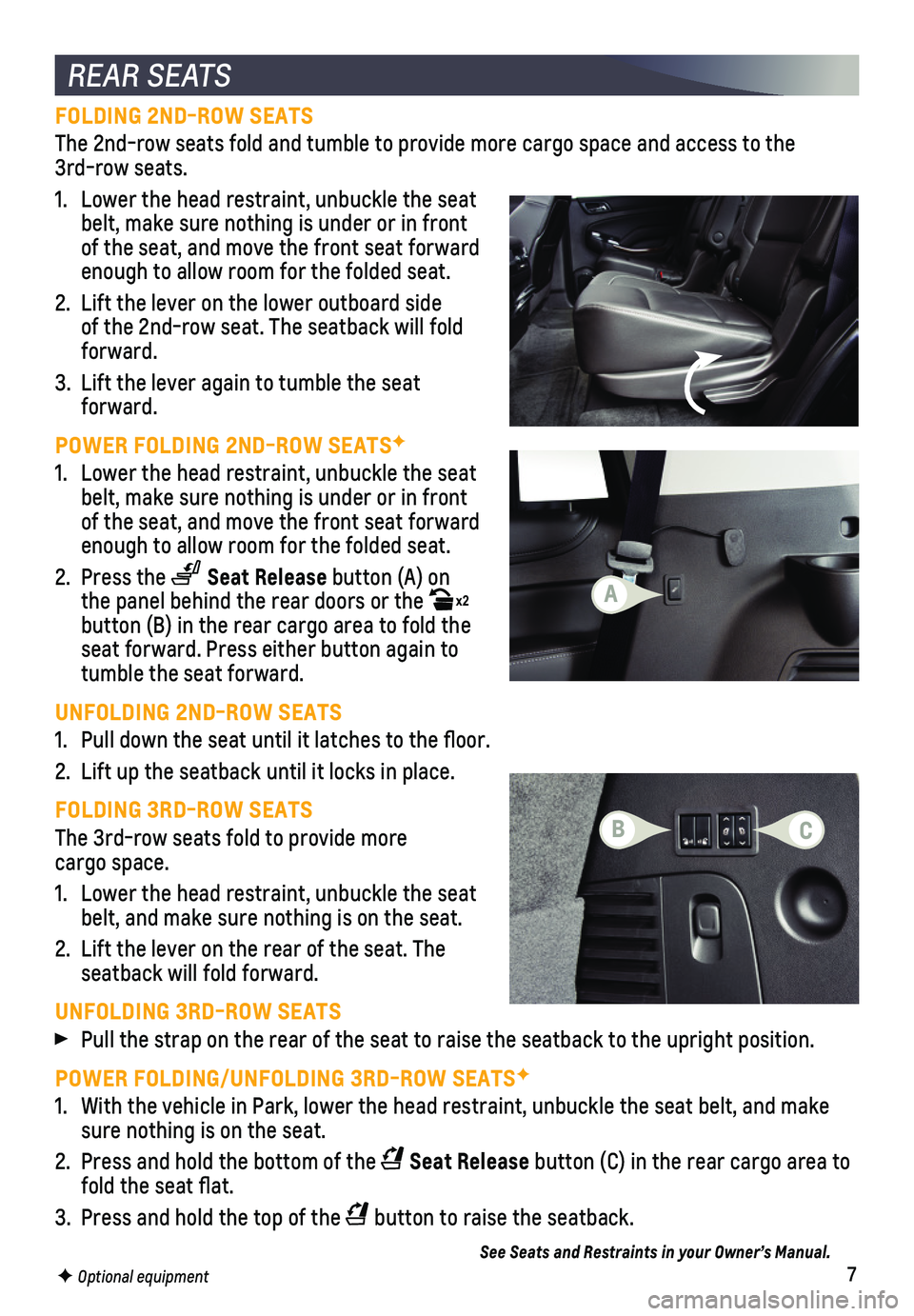 CHEVROLET SUBURBAN 2020  Get To Know Guide 7
FOLDING 2ND-ROW SEATS
The 2nd-row seats fold and tumble to provide more cargo space and access\
 to the  3rd-row seats.
1. Lower the head restraint, unbuckle the seat belt, make sure nothing is unde