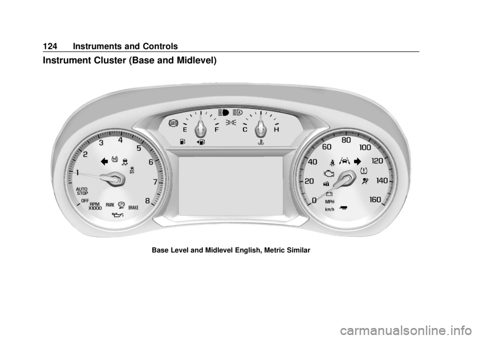 CHEVROLET BLAZER 2019 Owners Manual Chevrolet Blazer (GMNA-Localizing-U.S./Canada/Mexico-12461541) - 2019 -
CRC - 3/11/19
124 Instruments and Controls
Instrument Cluster (Base and Midlevel)
Base Level and Midlevel English, Metric Simila CHEVROLET BLAZER 2019 Owners Manual Chevrolet Blazer (GMNA-Localizing-U.S./Canada/Mexico-12461541) - 2019 -
CRC - 3/11/19
124 Instruments and Controls
Instrument Cluster (Base and Midlevel)
Base Level and Midlevel English, Metric Simila