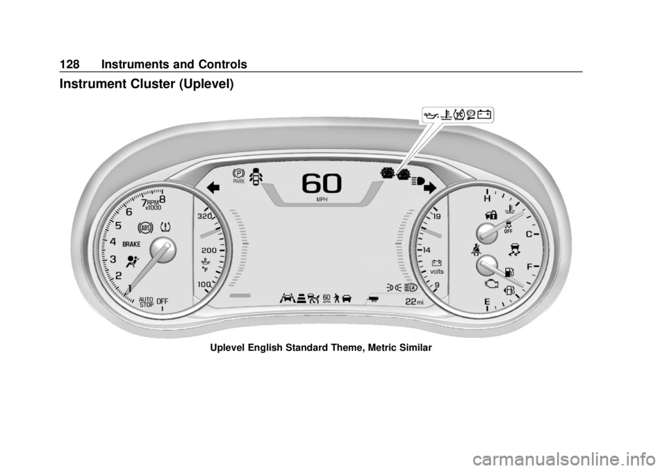CHEVROLET BLAZER 2019 Owners Manual Chevrolet Blazer (GMNA-Localizing-U.S./Canada/Mexico-12461541) - 2019 -
CRC - 3/11/19
128 Instruments and Controls
Instrument Cluster (Uplevel)
Uplevel English Standard Theme, Metric Similar CHEVROLET BLAZER 2019 Owners Manual Chevrolet Blazer (GMNA-Localizing-U.S./Canada/Mexico-12461541) - 2019 -
CRC - 3/11/19
128 Instruments and Controls
Instrument Cluster (Uplevel)
Uplevel English Standard Theme, Metric Similar