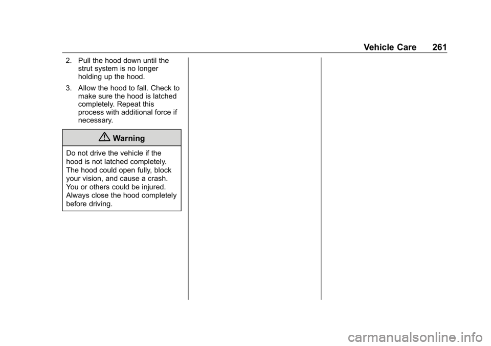 CHEVROLET BLAZER 2019 Owners Manual Chevrolet Blazer (GMNA-Localizing-U.S./Canada/Mexico-12461541) - 2019 -
CRC - 3/11/19
Vehicle Care 261
2. Pull the hood down until thestrut system is no longer
holding up the hood.
3. Allow the hood t CHEVROLET BLAZER 2019 Owners Manual Chevrolet Blazer (GMNA-Localizing-U.S./Canada/Mexico-12461541) - 2019 -
CRC - 3/11/19
Vehicle Care 261
2. Pull the hood down until thestrut system is no longer
holding up the hood.
3. Allow the hood t