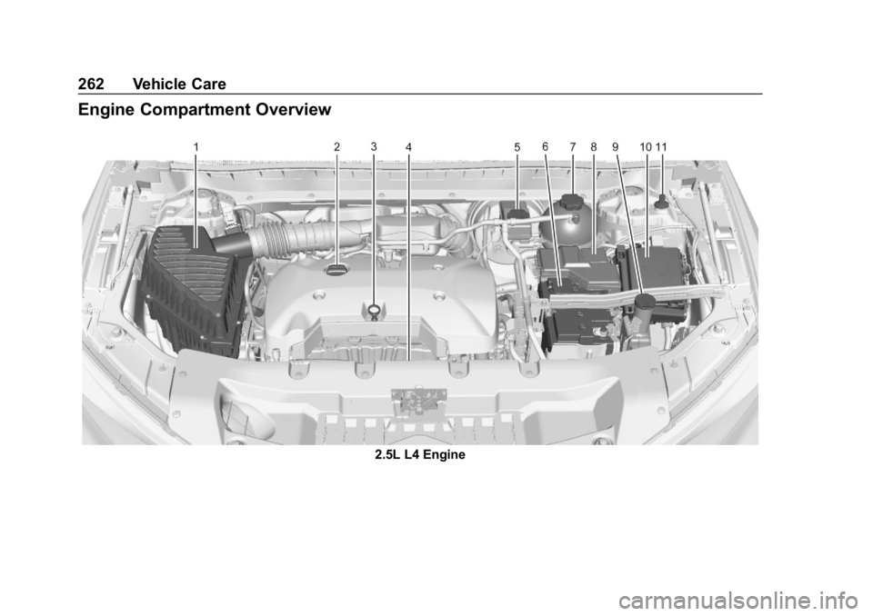 CHEVROLET BLAZER 2019 Owners Manual Chevrolet Blazer (GMNA-Localizing-U.S./Canada/Mexico-12461541) - 2019 -
CRC - 3/11/19
262 Vehicle Care
Engine Compartment Overview
2.5L L4 Engine CHEVROLET BLAZER 2019 Owners Manual Chevrolet Blazer (GMNA-Localizing-U.S./Canada/Mexico-12461541) - 2019 -
CRC - 3/11/19
262 Vehicle Care
Engine Compartment Overview
2.5L L4 Engine