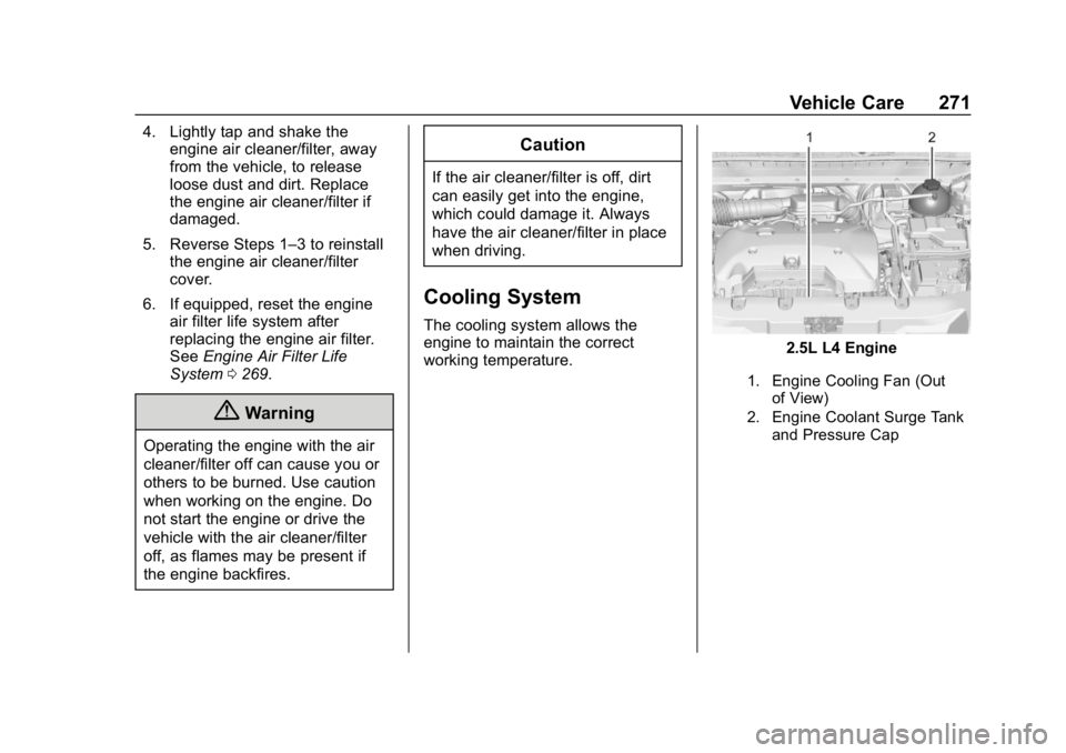 CHEVROLET BLAZER 2019 Owners Manual Chevrolet Blazer (GMNA-Localizing-U.S./Canada/Mexico-12461541) - 2019 -
CRC - 3/11/19
Vehicle Care 271
4. Lightly tap and shake theengine air cleaner/filter, away
from the vehicle, to release
loose du CHEVROLET BLAZER 2019 Owners Manual Chevrolet Blazer (GMNA-Localizing-U.S./Canada/Mexico-12461541) - 2019 -
CRC - 3/11/19
Vehicle Care 271
4. Lightly tap and shake theengine air cleaner/filter, away
from the vehicle, to release
loose du