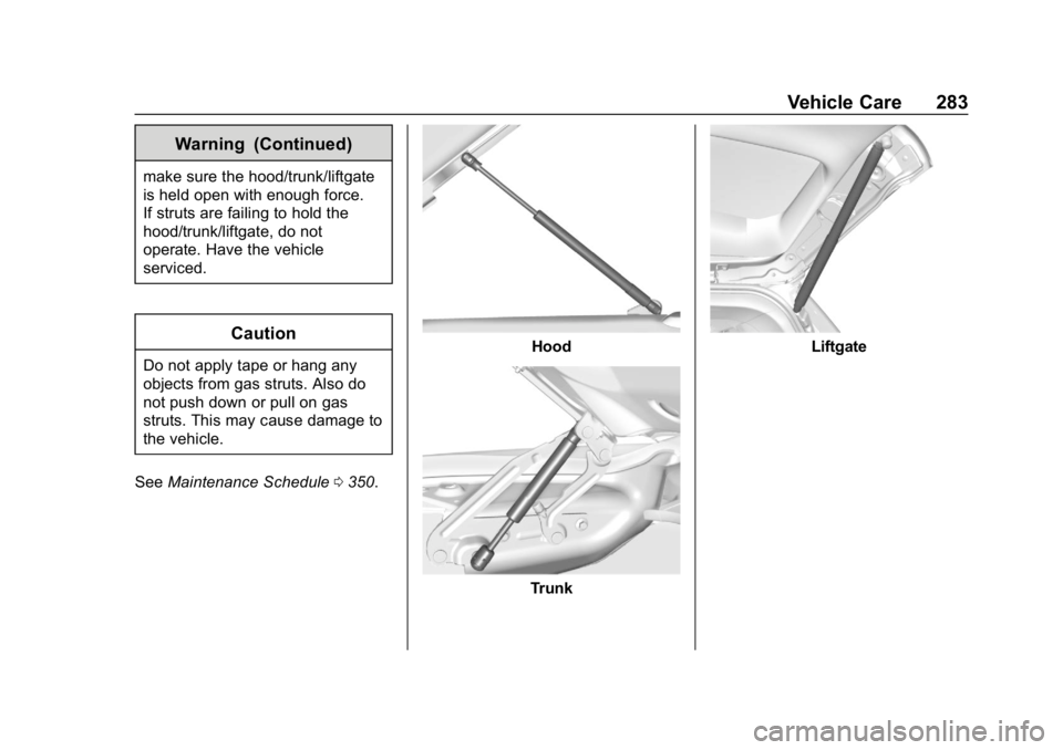 CHEVROLET BLAZER 2019  Owners Manual Chevrolet Blazer (GMNA-Localizing-U.S./Canada/Mexico-12461541) - 2019 -
CRC - 3/11/19
Vehicle Care 283
Warning (Continued)
make sure the hood/trunk/liftgate
is held open with enough force.
If struts a