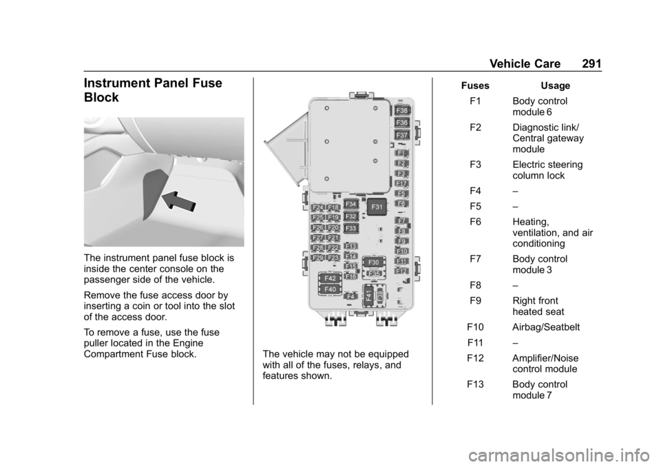 CHEVROLET BLAZER 2019 Owners Manual Chevrolet Blazer (GMNA-Localizing-U.S./Canada/Mexico-12461541) - 2019 -
CRC - 3/11/19
Vehicle Care 291
Instrument Panel Fuse
Block
The instrument panel fuse block is
inside the center console on the
p CHEVROLET BLAZER 2019 Owners Manual Chevrolet Blazer (GMNA-Localizing-U.S./Canada/Mexico-12461541) - 2019 -
CRC - 3/11/19
Vehicle Care 291
Instrument Panel Fuse
Block
The instrument panel fuse block is
inside the center console on the
p