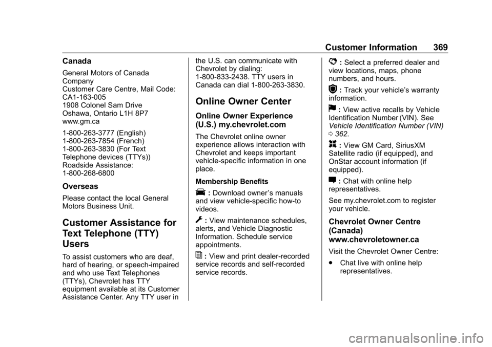 CHEVROLET BLAZER 2019 Owners Manual Chevrolet Blazer (GMNA-Localizing-U.S./Canada/Mexico-12461541) - 2019 -
CRC - 3/11/19
Customer Information 369
Canada
General Motors of Canada
Company
Customer Care Centre, Mail Code:
CA1-163-005
1908 CHEVROLET BLAZER 2019 Owners Manual Chevrolet Blazer (GMNA-Localizing-U.S./Canada/Mexico-12461541) - 2019 -
CRC - 3/11/19
Customer Information 369
Canada
General Motors of Canada
Company
Customer Care Centre, Mail Code:
CA1-163-005
1908