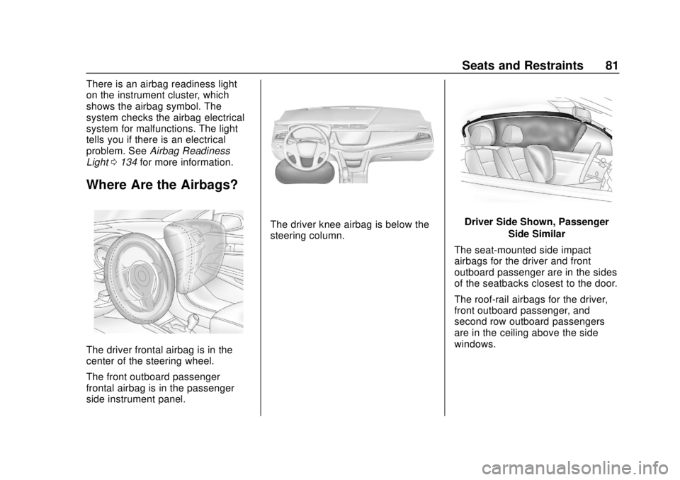CHEVROLET BLAZER 2019 Manual Online Chevrolet Blazer (GMNA-Localizing-U.S./Canada/Mexico-12461541) - 2019 -
CRC - 3/11/19
Seats and Restraints 81
There is an airbag readiness light
on the instrument cluster, which
shows the airbag symbo CHEVROLET BLAZER 2019 Manual Online Chevrolet Blazer (GMNA-Localizing-U.S./Canada/Mexico-12461541) - 2019 -
CRC - 3/11/19
Seats and Restraints 81
There is an airbag readiness light
on the instrument cluster, which
shows the airbag symbo