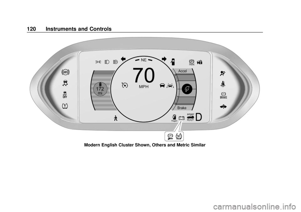 CHEVROLET BOLT EV 2019  Owners Manual Chevrolet BOLT EV Owner Manual (GMNA-Localizing-U.S./Canada/Mexico-
12163003) - 2019 - crc - 5/18/18
120 Instruments and Controls
Modern English Cluster Shown, Others and Metric Similar 