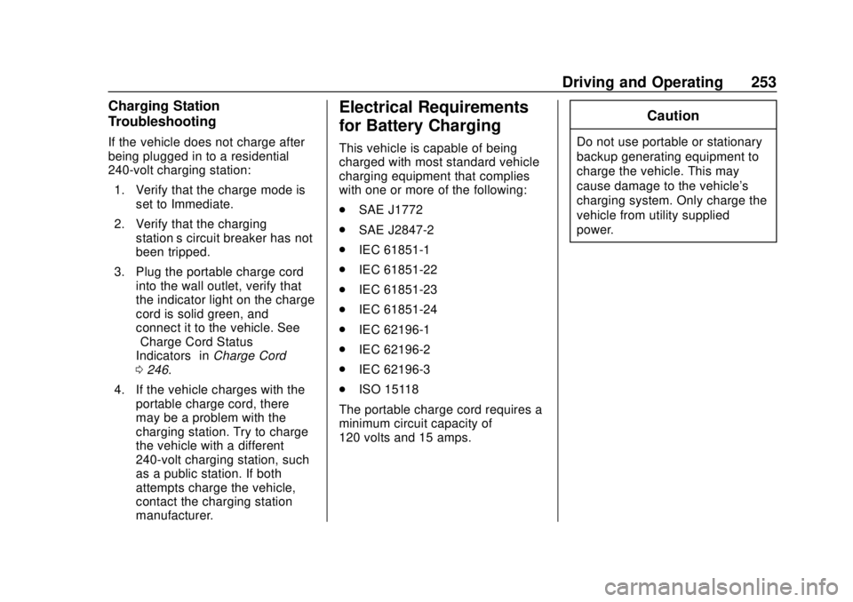 CHEVROLET BOLT EV 2019 Owners Manual Chevrolet BOLT EV Owner Manual (GMNA-Localizing-U.S./Canada/Mexico-
12163003) - 2019 - crc - 5/18/18
Driving and Operating 253
Charging Station
Troubleshooting
If the vehicle does not charge after
bei CHEVROLET BOLT EV 2019 Owners Manual Chevrolet BOLT EV Owner Manual (GMNA-Localizing-U.S./Canada/Mexico-
12163003) - 2019 - crc - 5/18/18
Driving and Operating 253
Charging Station
Troubleshooting
If the vehicle does not charge after
bei