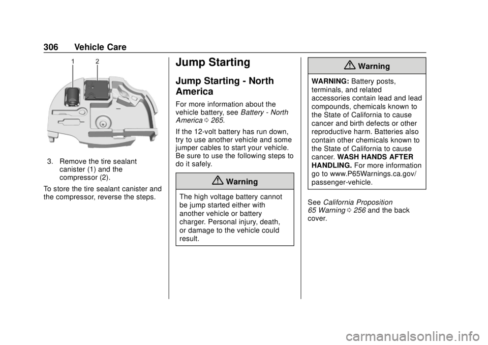 CHEVROLET BOLT EV 2019  Owners Manual Chevrolet BOLT EV Owner Manual (GMNA-Localizing-U.S./Canada/Mexico-
12163003) - 2019 - crc - 5/18/18
306 Vehicle Care
3. Remove the tire sealantcanister (1) and the
compressor (2).
To store the tire s