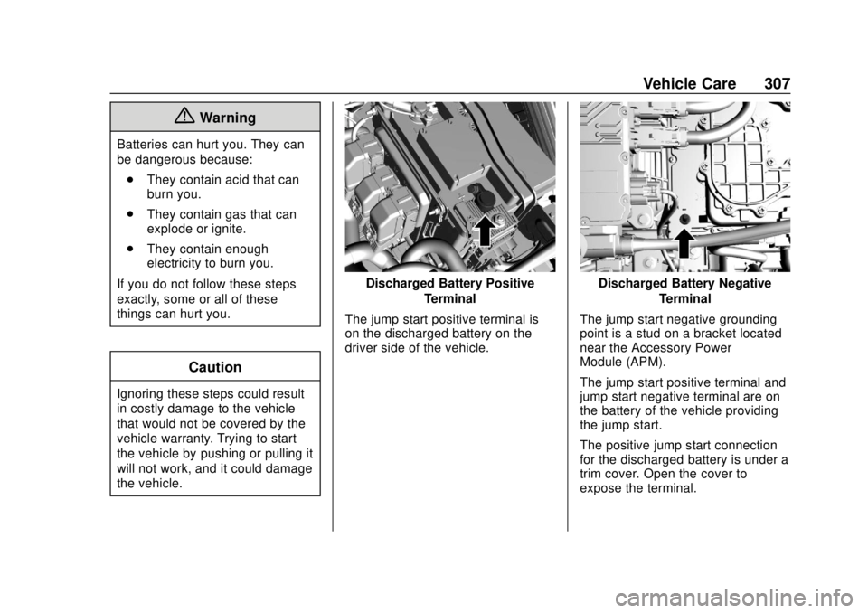 CHEVROLET BOLT EV 2019  Owners Manual Chevrolet BOLT EV Owner Manual (GMNA-Localizing-U.S./Canada/Mexico-
12163003) - 2019 - crc - 5/18/18
Vehicle Care 307
{Warning
Batteries can hurt you. They can
be dangerous because:. They contain acid