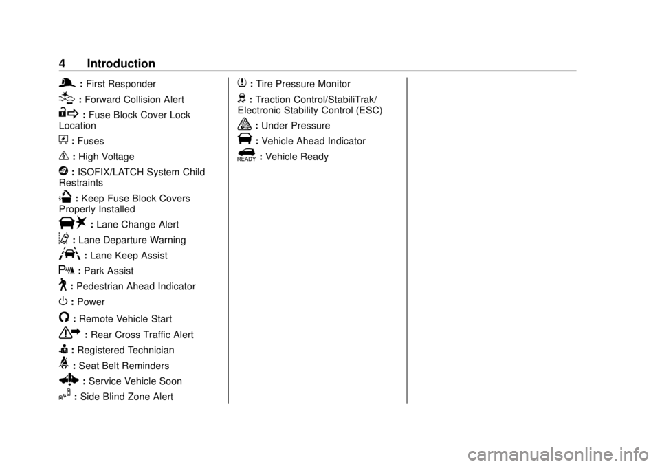 CHEVROLET BOLT EV 2019  Owners Manual Chevrolet BOLT EV Owner Manual (GMNA-Localizing-U.S./Canada/Mexico-
12163003) - 2019 - crc - 5/18/18
4 Introduction
g:First Responder
[:Forward Collision Alert
R: Fuse Block Cover Lock
Location
+: Fus