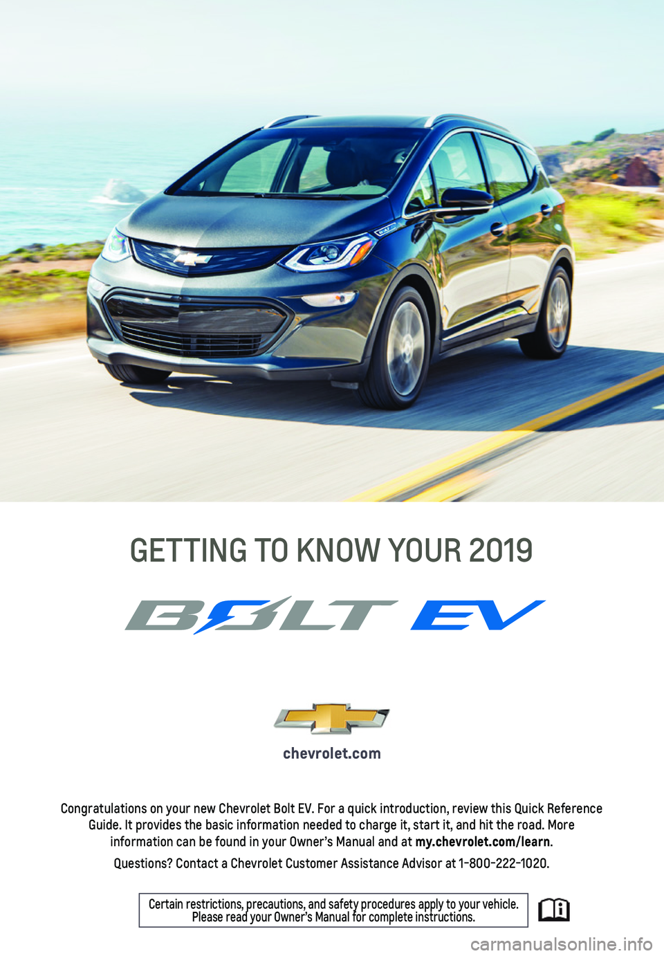 CHEVROLET BOLT EV 2019  Get To Know Guide 1
Pantone Spot Colors
Pantone300 C
Pantone
Cool
Gray 7C
Congratulations on your new Chevrolet Bolt EV. For a quick introduction,\
 review this Quick Reference Guide. It provides the basic information 