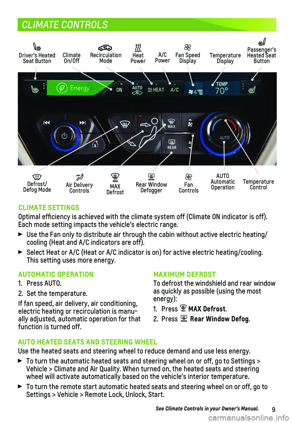 CHEVROLET BOLT EV 2019  Get To Know Guide 9
CLIMATE CONTROLS
CLIMATE SETTINGS 
Optimal efficiency is achieved with the climate system off (Climate O\
N indicator is off). Each mode setting impacts the vehicle’s electric range. 
 Use the Fan