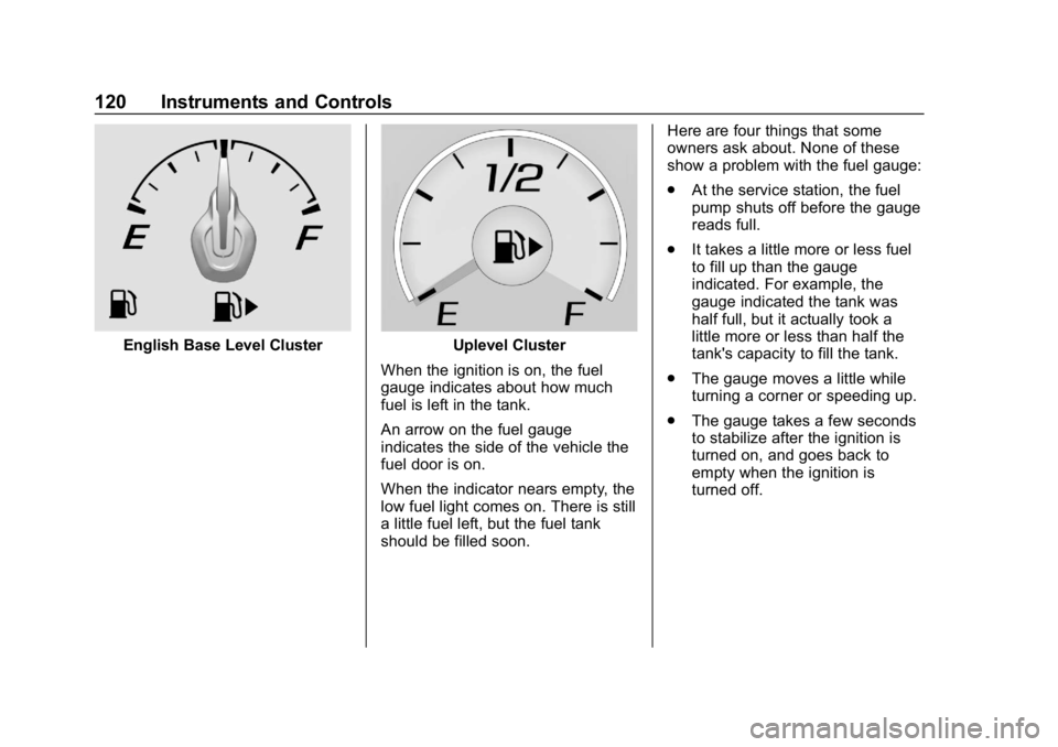 CHEVROLET CAMARO 2019 Owners Manual Chevrolet Camaro Owner Manual (GMNA-Localizing-U.S./Canada/Mexico-
12461811) - 2019 - crc - 11/5/18
120 Instruments and Controls
English Base Level ClusterUplevel Cluster
When the ignition is on, the CHEVROLET CAMARO 2019 Owners Manual Chevrolet Camaro Owner Manual (GMNA-Localizing-U.S./Canada/Mexico-
12461811) - 2019 - crc - 11/5/18
120 Instruments and Controls
English Base Level ClusterUplevel Cluster
When the ignition is on, the