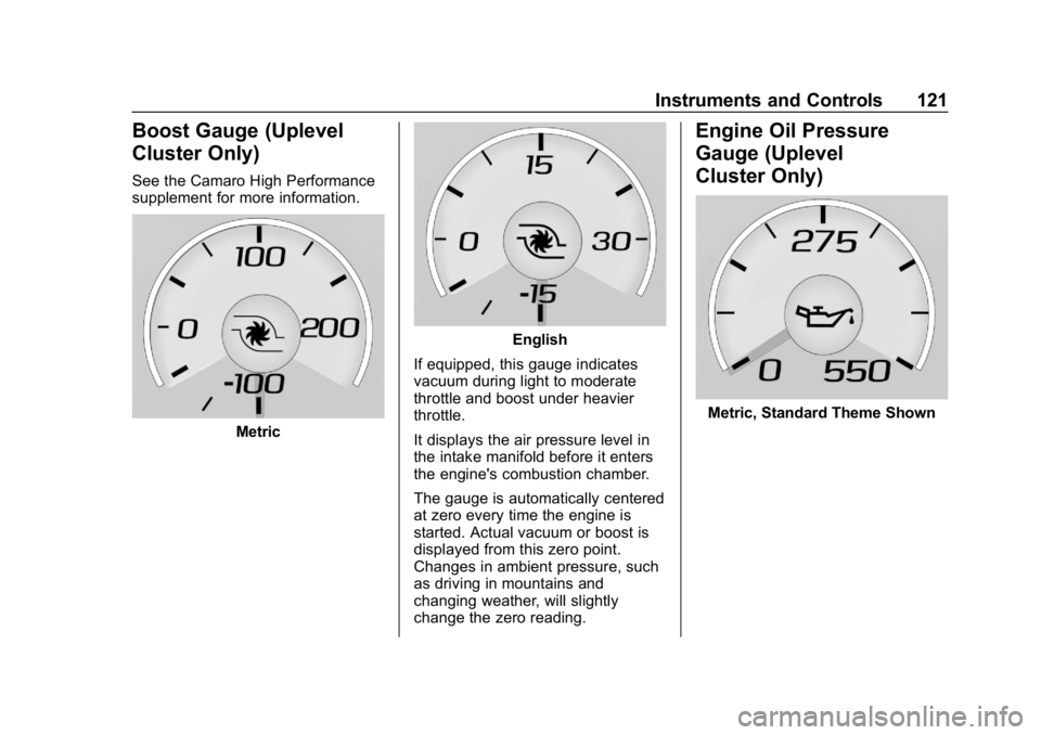 CHEVROLET CAMARO 2019 Owners Manual Chevrolet Camaro Owner Manual (GMNA-Localizing-U.S./Canada/Mexico-
12461811) - 2019 - crc - 11/5/18
Instruments and Controls 121
Boost Gauge (Uplevel
Cluster Only)
See the Camaro High Performance
supp CHEVROLET CAMARO 2019 Owners Manual Chevrolet Camaro Owner Manual (GMNA-Localizing-U.S./Canada/Mexico-
12461811) - 2019 - crc - 11/5/18
Instruments and Controls 121
Boost Gauge (Uplevel
Cluster Only)
See the Camaro High Performance
supp