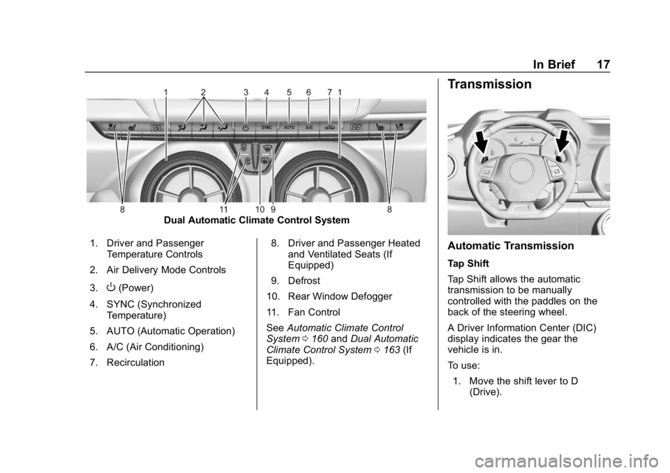 CHEVROLET CAMARO 2019  Owners Manual Chevrolet Camaro Owner Manual (GMNA-Localizing-U.S./Canada/Mexico-
12461811) - 2019 - crc - 11/5/18
In Brief 17
Dual Automatic Climate Control System
1. Driver and Passenger Temperature Controls
2. Ai