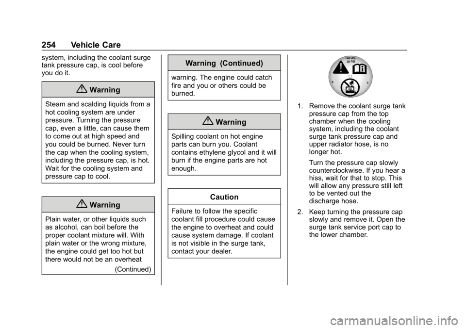 CHEVROLET CAMARO 2019 User Guide Chevrolet Camaro Owner Manual (GMNA-Localizing-U.S./Canada/Mexico-
12461811) - 2019 - crc - 11/5/18
254 Vehicle Care
system, including the coolant surge
tank pressure cap, is cool before
you do it.
{W