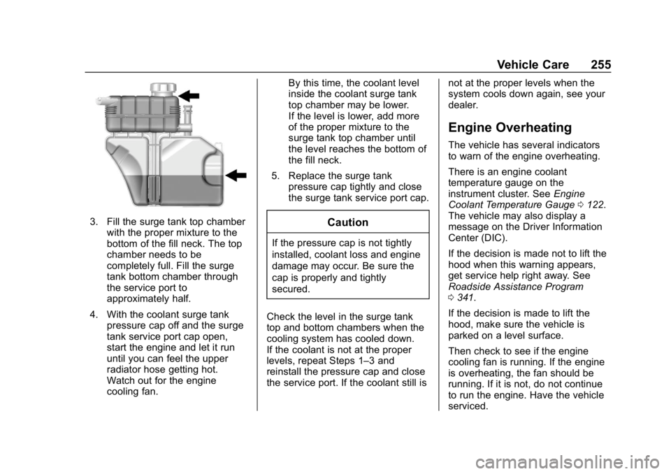 CHEVROLET CAMARO 2019 Owners Manual Chevrolet Camaro Owner Manual (GMNA-Localizing-U.S./Canada/Mexico-
12461811) - 2019 - crc - 11/5/18
Vehicle Care 255
3. Fill the surge tank top chamberwith the proper mixture to the
bottom of the fill CHEVROLET CAMARO 2019 Owners Manual Chevrolet Camaro Owner Manual (GMNA-Localizing-U.S./Canada/Mexico-
12461811) - 2019 - crc - 11/5/18
Vehicle Care 255
3. Fill the surge tank top chamberwith the proper mixture to the
bottom of the fill