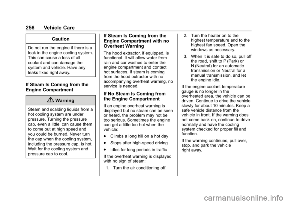 CHEVROLET CAMARO 2019 User Guide Chevrolet Camaro Owner Manual (GMNA-Localizing-U.S./Canada/Mexico-
12461811) - 2019 - crc - 11/5/18
256 Vehicle Care
Caution
Do not run the engine if there is a
leak in the engine cooling system.
This