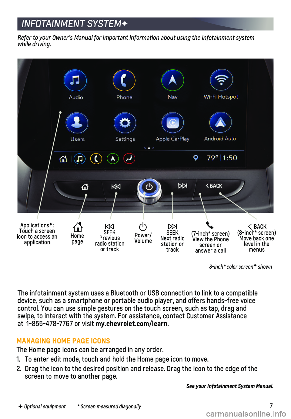 CHEVROLET CAMARO 2019  Get To Know Guide 7
INFOTAINMENT SYSTEMF
The infotainment system uses a Bluetooth or USB connection to link to a \
compatible device, such as a smartphone or portable audio player, and offers hands-\
free voice  
contr