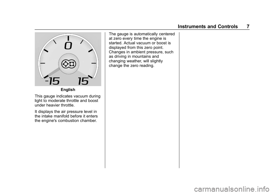CHEVROLET CAMARO 2019  High Performance Owner Manual Chevrolet Camaro High Performance Owner Manual Supplement (GMNA-
Localizing-U.S./Canada/Mexico-12461812) - 2019 - crc - 11/7/18
Instruments and Controls 7
English
This gauge indicates vacuum during
li