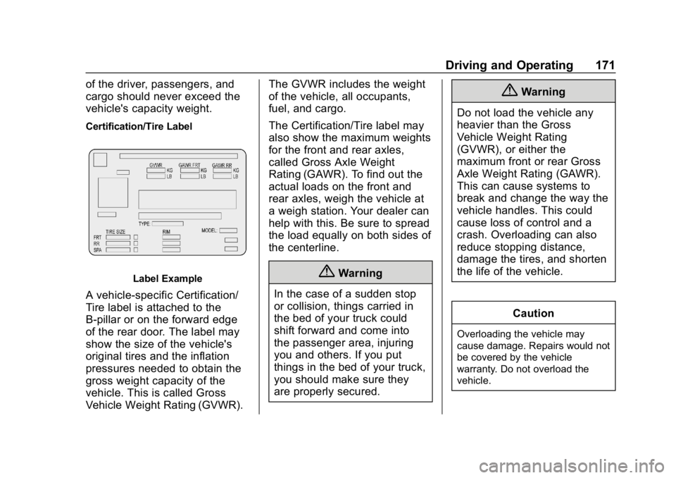 CHEVROLET COLORADO 2019 User Guide Chevrolet Colorado Owner Manual (GMNA-Localizing-U.S./Canada/Mexico-
12460274) - 2019 - CRC - 10/1/18
Driving and Operating 171
of the driver, passengers, and
cargo should never exceed the
vehicle'