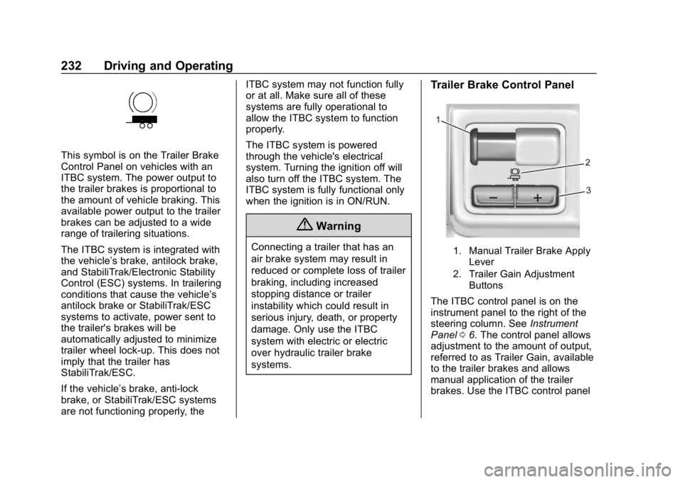 CHEVROLET COLORADO 2019 Owners Manual Chevrolet Colorado Owner Manual (GMNA-Localizing-U.S./Canada/Mexico-
12460274) - 2019 - CRC - 10/1/18
232 Driving and Operating
This symbol is on the Trailer Brake
Control Panel on vehicles with an
IT CHEVROLET COLORADO 2019 Owners Manual Chevrolet Colorado Owner Manual (GMNA-Localizing-U.S./Canada/Mexico-
12460274) - 2019 - CRC - 10/1/18
232 Driving and Operating
This symbol is on the Trailer Brake
Control Panel on vehicles with an
IT