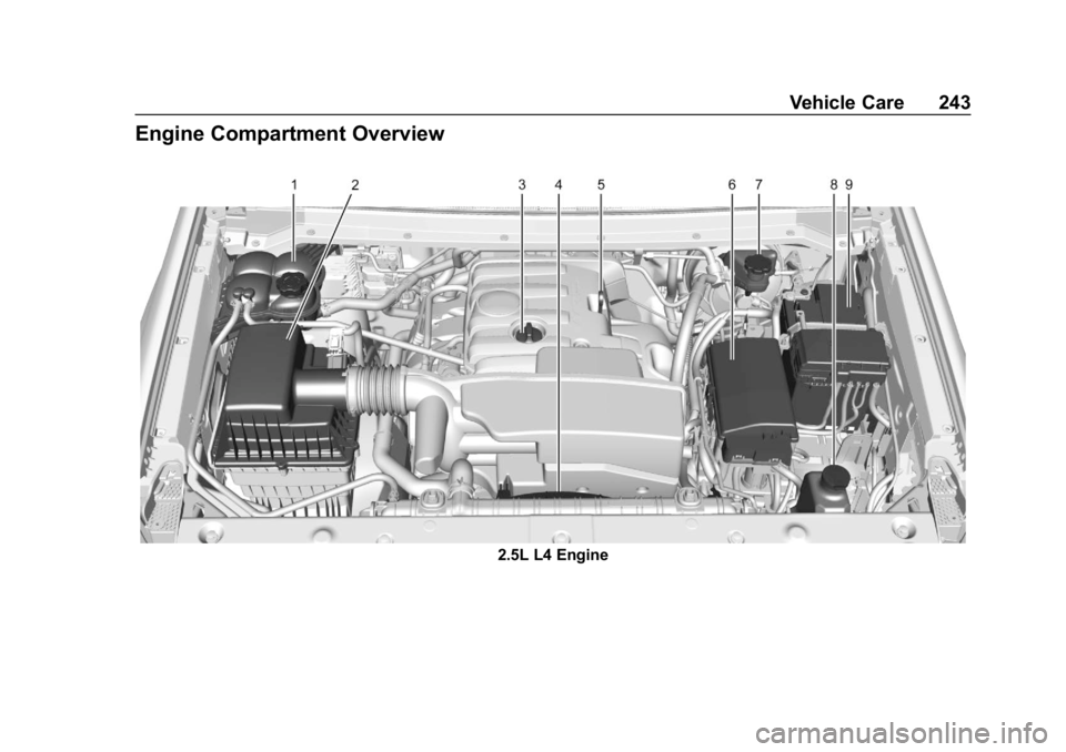 CHEVROLET COLORADO 2019 Owners Manual Chevrolet Colorado Owner Manual (GMNA-Localizing-U.S./Canada/Mexico-
12460274) - 2019 - CRC - 10/1/18
Vehicle Care 243
Engine Compartment Overview
2.5L L4 Engine CHEVROLET COLORADO 2019 Owners Manual Chevrolet Colorado Owner Manual (GMNA-Localizing-U.S./Canada/Mexico-
12460274) - 2019 - CRC - 10/1/18
Vehicle Care 243
Engine Compartment Overview
2.5L L4 Engine