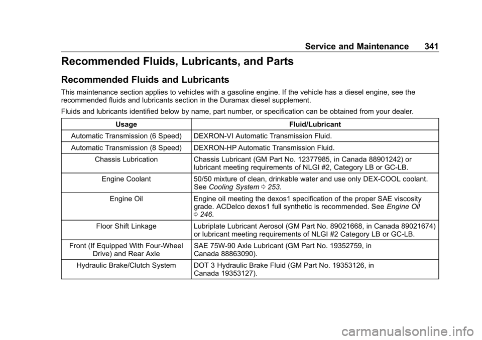CHEVROLET COLORADO 2019 Owners Manual Chevrolet Colorado Owner Manual (GMNA-Localizing-U.S./Canada/Mexico-
12460274) - 2019 - CRC - 10/1/18
Service and Maintenance 341
Recommended Fluids, Lubricants, and Parts
Recommended Fluids and Lubri CHEVROLET COLORADO 2019 Owners Manual Chevrolet Colorado Owner Manual (GMNA-Localizing-U.S./Canada/Mexico-
12460274) - 2019 - CRC - 10/1/18
Service and Maintenance 341
Recommended Fluids, Lubricants, and Parts
Recommended Fluids and Lubri