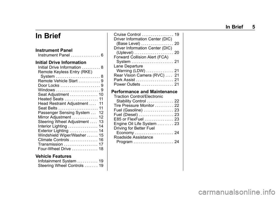 CHEVROLET COLORADO 2019  Owners Manual Chevrolet Colorado Owner Manual (GMNA-Localizing-U.S./Canada/Mexico-
12460274) - 2019 - CRC - 10/1/18
In Brief 5
In Brief
Instrument Panel
Instrument Panel . . . . . . . . . . . . . . . . 6
Initial Dr