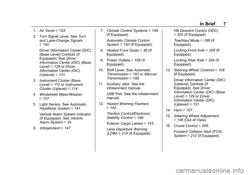 CHEVROLET COLORADO 2019 Owners Manual Chevrolet Colorado Owner Manual (GMNA-Localizing-U.S./Canada/Mexico-
12460274) - 2019 - CRC - 10/1/18
In Brief 7
1.Air Vents 0153.
2. Turn Signal Lever. See Turn
and Lane-Change Signals
0 142.
Driver CHEVROLET COLORADO 2019 Owners Manual Chevrolet Colorado Owner Manual (GMNA-Localizing-U.S./Canada/Mexico-
12460274) - 2019 - CRC - 10/1/18
In Brief 7
1.Air Vents 0153.
2. Turn Signal Lever. See Turn
and Lane-Change Signals
0 142.
Driver