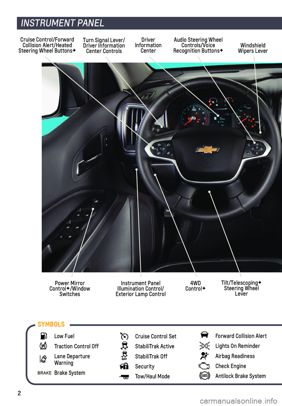 CHEVROLET COLORADO 2019 Get To Know Guide 2
Cruise Control/Forward Collision Alert/Heated Steering Wheel ButtonsF
Turn Signal Lever/Driver Information Center Controls
Audio Steering Wheel Controls/Voice Recognition ButtonsFWindshield Wipers L CHEVROLET COLORADO 2019 Get To Know Guide 2
Cruise Control/Forward Collision Alert/Heated Steering Wheel ButtonsF
Turn Signal Lever/Driver Information Center Controls
Audio Steering Wheel Controls/Voice Recognition ButtonsFWindshield Wipers L