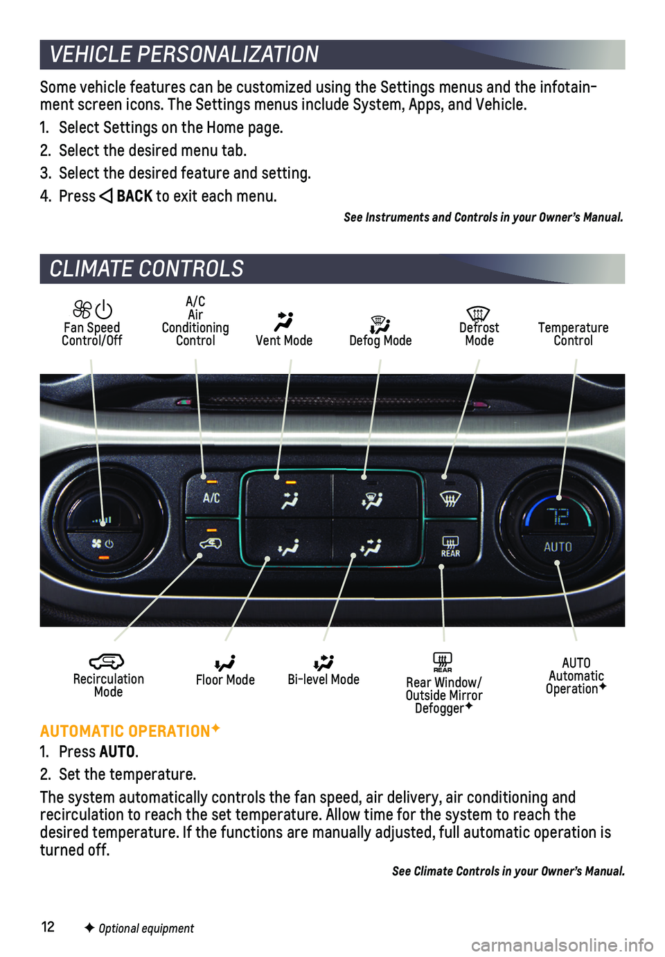 CHEVROLET COLORADO 2019  Get To Know Guide 12
CLIMATE CONTROLS
AUTOMATIC OPERATIONF
1. Press AUTO.
2. Set the temperature. 
The system automatically controls the fan speed, air delivery, air condi\
tioning and  
recirculation to reach the set 