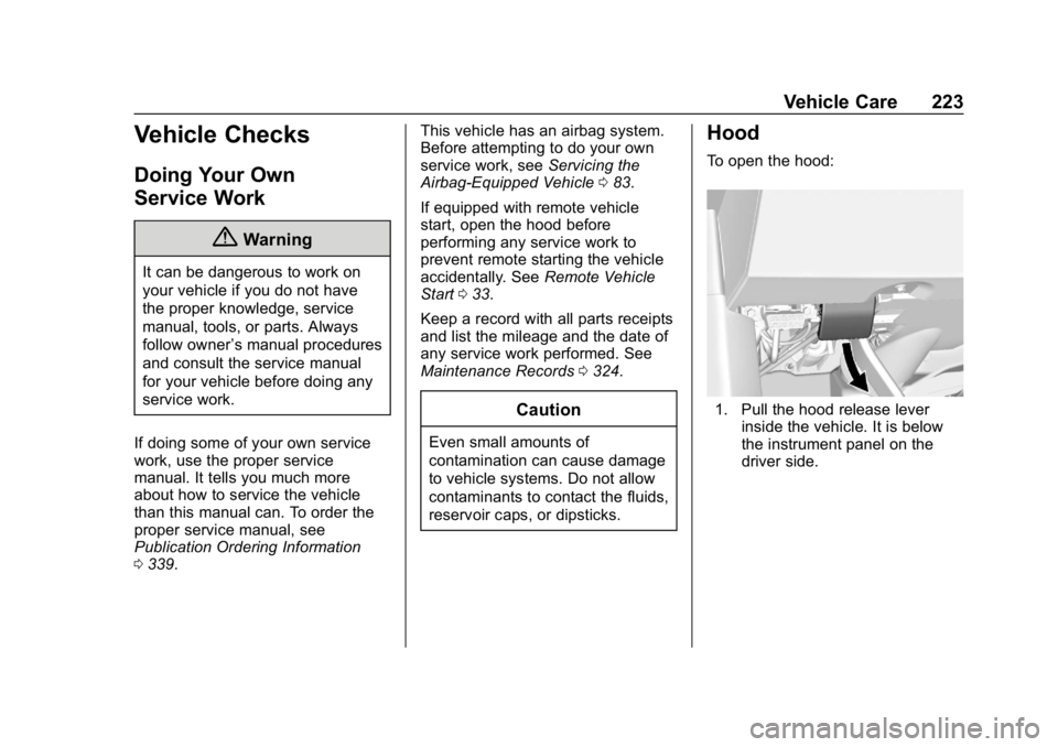 CHEVROLET CORVETTE 2019  Owners Manual Chevrolet Corvette Owner Manual (GMNA-Localizing-U.S./Canada/Mexico-
12032182) - 2019 - crc - 5/8/18
Vehicle Care 223
Vehicle Checks
Doing Your Own
Service Work
{Warning
It can be dangerous to work on