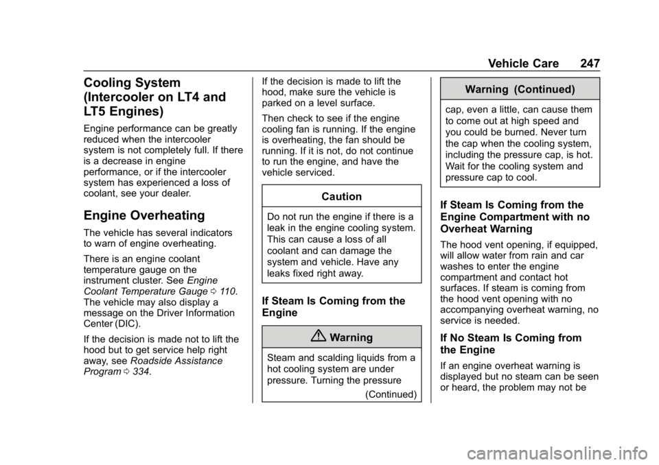 CHEVROLET CORVETTE 2019  Owners Manual Chevrolet Corvette Owner Manual (GMNA-Localizing-U.S./Canada/Mexico-
12032182) - 2019 - crc - 5/8/18
Vehicle Care 247
Cooling System
(Intercooler on LT4 and
LT5 Engines)
Engine performance can be grea CHEVROLET CORVETTE 2019  Owners Manual Chevrolet Corvette Owner Manual (GMNA-Localizing-U.S./Canada/Mexico-
12032182) - 2019 - crc - 5/8/18
Vehicle Care 247
Cooling System
(Intercooler on LT4 and
LT5 Engines)
Engine performance can be grea