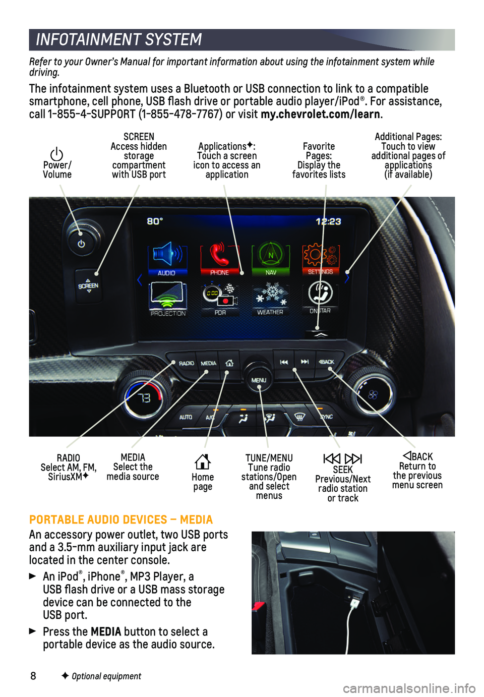 CHEVROLET CORVETTE 2019  Get To Know Guide 8
INFOTAINMENT SYSTEM
 Power/ Volume
Additional Pages: Touch to view additional pages of applications  (if available)
SCREEN Access hidden storage compartment with USB port
ApplicationsF: Touch a scre