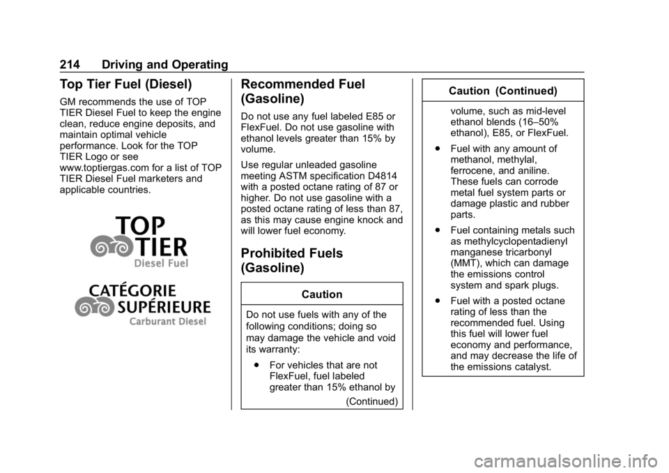 CHEVROLET CRUZE 2019 Track Prep Guide Chevrolet Cruze Owner Manual (GMNA-Localizing-U.S./Canada/Mexico-
12146336) - 2019 - crc - 10/22/18
214 Driving and Operating
Top Tier Fuel (Diesel)
GM recommends the use of TOP
TIER Diesel Fuel to ke CHEVROLET CRUZE 2019 Track Prep Guide Chevrolet Cruze Owner Manual (GMNA-Localizing-U.S./Canada/Mexico-
12146336) - 2019 - crc - 10/22/18
214 Driving and Operating
Top Tier Fuel (Diesel)
GM recommends the use of TOP
TIER Diesel Fuel to ke